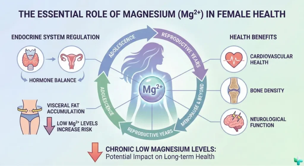 Diagram of magnesium roles in muscles, nerves, heart, and energy for women