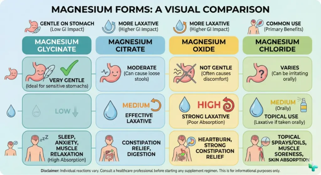 Infographic comparing magnesium forms (glycinate, citrate, oxide, chloride)