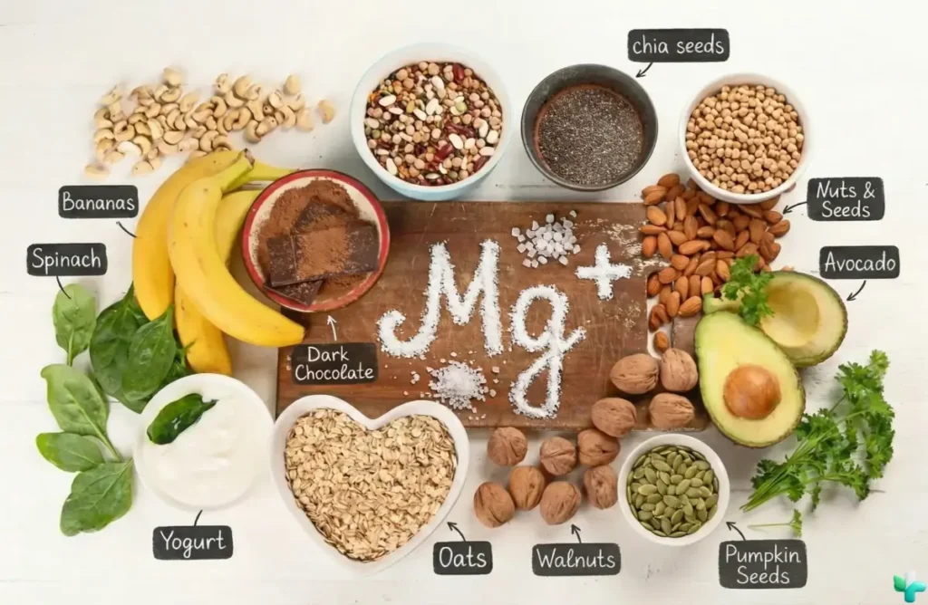 Pharmacist-style countertop scene with magnesium-rich foods (pumpkin seeds, spinach, beans)