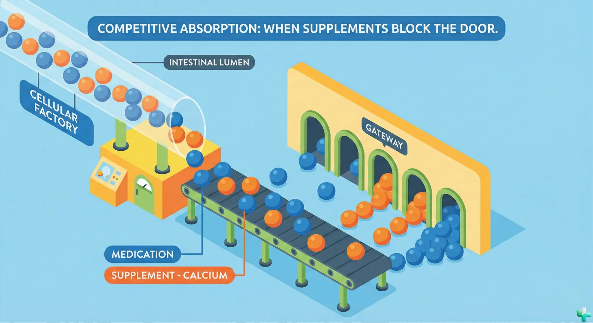 Illustration of the 'absorption blocking' concept, depicting supplement particles physically obstructing the gateways that medication particles need to enter the bloodstream.
