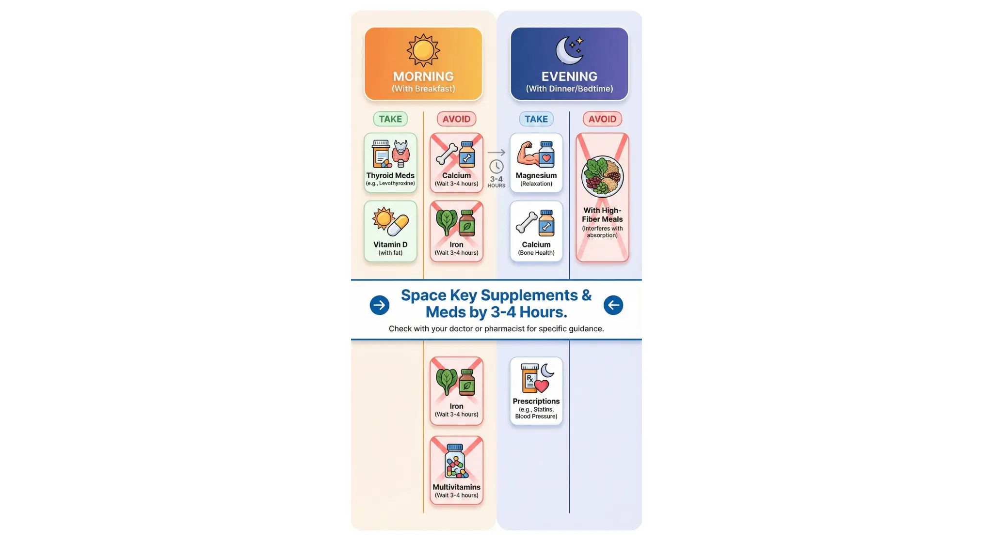 Visual guide comparing morning and evening supplement routines, highlighting what to take and what to avoid at each time to space out interactions with medications.